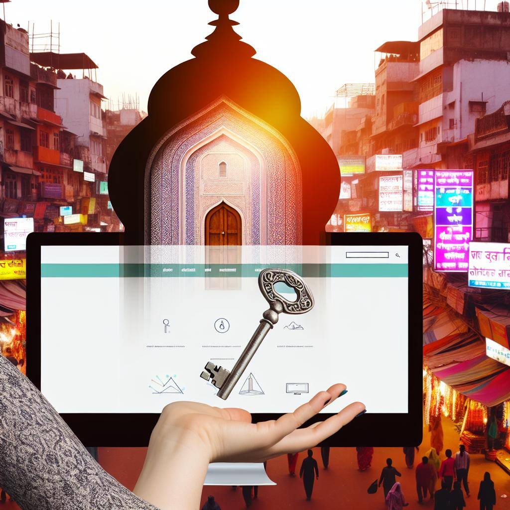 A vibrant and bustling cityscape of Delhi with a computer screen displaying a sleek and modern website design. The foreground shows a hand reaching out to unlock a door symbolizing opportunity and growth.